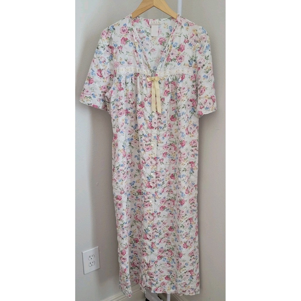 Vintage Aria Long House Dress Floral Button Down Pockets Short Sleeve Cottage